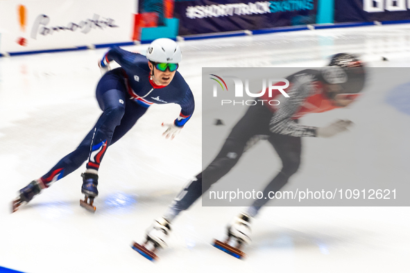 Westley Yates is competing in the 5000m relay men's event on the third day of the European Short Track Championships in Gdansk, Poland, on J...