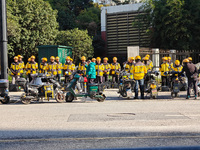 Many Meituan food delivery workers are lining up to make preparations in Shanghai, China, on January 14, 2024. (