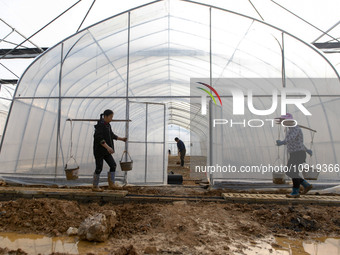 Workers are working at the construction site of a greenhouse for passion fruit cultivation in Congjiang County, Southwest China's Guizhou Pr...