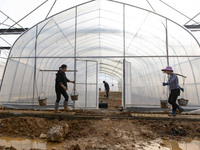 Workers are working at the construction site of a greenhouse for passion fruit cultivation in Congjiang County, Southwest China's Guizhou Pr...