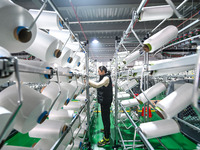 A textile worker is working on a production line at a workshop of a knitting company in Yichun, Jiangxi Province, China, on January 16, 2024...