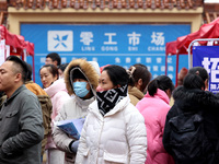 Job seekers are looking for suitable jobs at the 2024 job fair in Zaozhuang, East China's Shandong province, on January 17, 2024. (