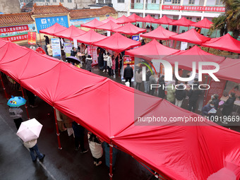 Job seekers are looking for suitable jobs at the 2024 job fair in Zaozhuang, East China's Shandong province, on January 17, 2024. (