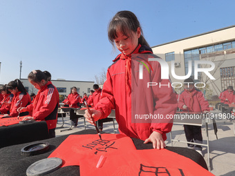 A primary school student is writing a Chinese Spring Festival couplet ''Fu'' at Shangbai Primary School in Deqing County, Huzhou, China, on...