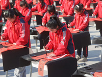 A primary school student is writing a Chinese Spring Festival couplet ''Fu'' at Shangbai Primary School in Deqing County, Huzhou, China, on...