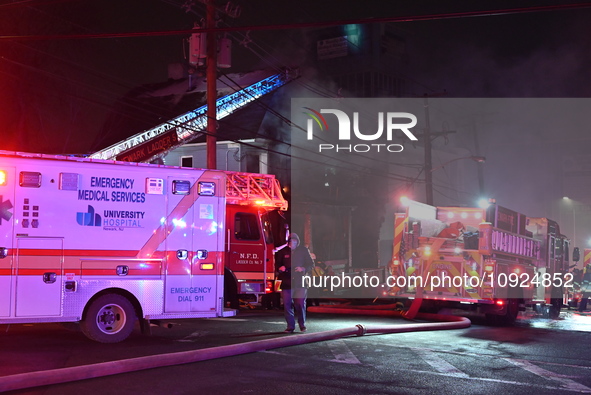 Fire is affecting several buildings on West Bigelow Street in Newark, New Jersey, United States, on January 19, 2024. One firefighter has re...