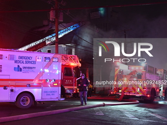 Fire is affecting several buildings on West Bigelow Street in Newark, New Jersey, United States, on January 19, 2024. One firefighter has re...