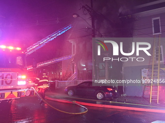 Fire is affecting several buildings on West Bigelow Street in Newark, New Jersey, United States, on January 19, 2024. One firefighter has re...