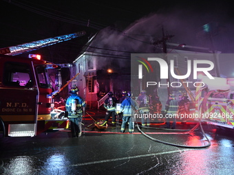 Fire is affecting several buildings on West Bigelow Street in Newark, New Jersey, United States, on January 19, 2024. One firefighter has re...