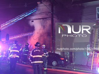 Fire is affecting several buildings on West Bigelow Street in Newark, New Jersey, United States, on January 19, 2024. One firefighter has re...