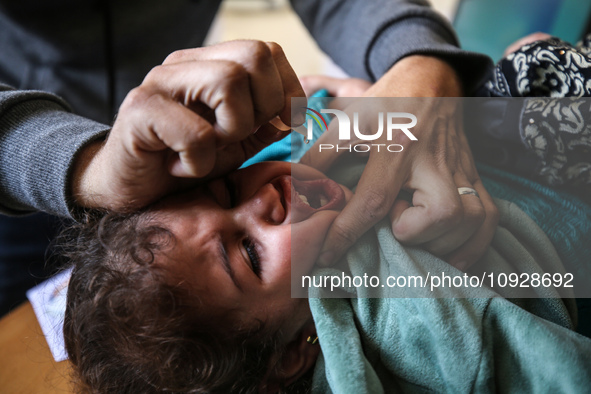 A UNRWA employee is providing a Polio vaccine in a clinic in Deir al-Balah, central Gaza Strip, on January 21, 2024, amid ongoing battles be...