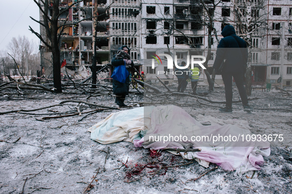 A person's body is lying there, having been killed by a missile strike, in Kharkiv, Ukraine, on January 23, 2024. On The Morning Of January...