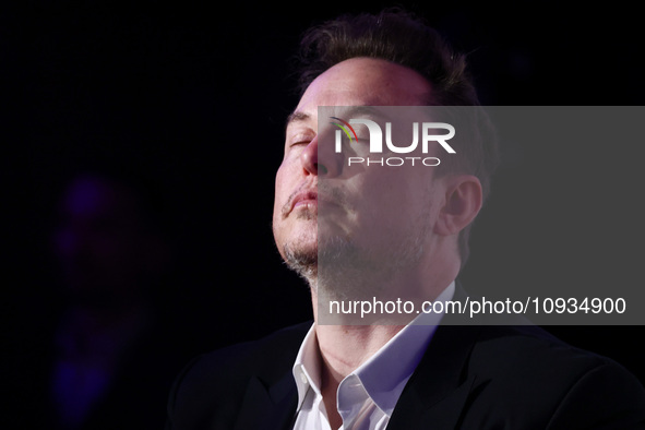 Elon Musk, owner of Tesla and the X (formerly Twitter) platform, attends a symposium on fighting antisemitism titled 'Never Again : Lip Serv...