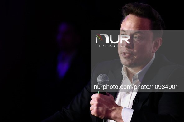 Elon Musk, owner of Tesla and the X (formerly Twitter) platform, attends a symposium on fighting antisemitism titled 'Never Again : Lip Serv...