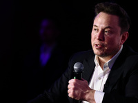 Elon Musk, owner of Tesla and the X (formerly Twitter) platform, attends a symposium on fighting antisemitism titled 'Never Again : Lip Serv...