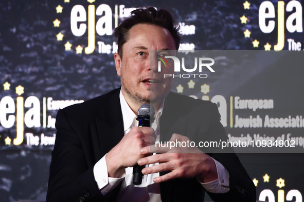 Elon Musk, owner of Tesla and the X (formerly Twitter) platform, attends a symposium on fighting antisemitism titled 'Never Again : Lip Serv...