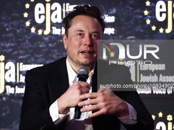 Elon Musk, owner of Tesla and the X (formerly Twitter) platform, attends a symposium on fighting antisemitism titled 'Never Again : Lip Serv...