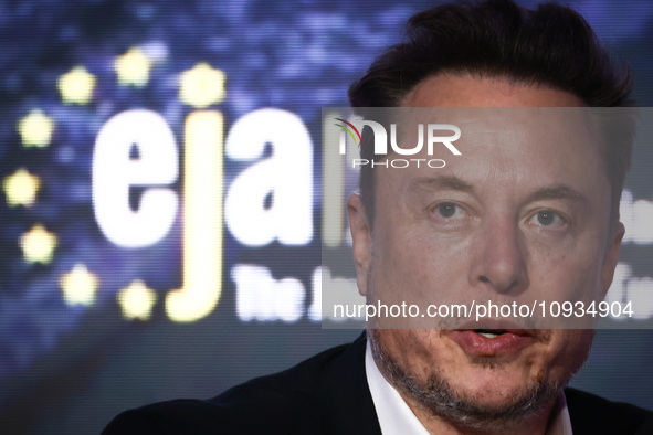 Elon Musk, owner of Tesla and the X (formerly Twitter) platform, attends a symposium on fighting antisemitism titled 'Never Again : Lip Serv...