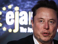 Elon Musk, owner of Tesla and the X (formerly Twitter) platform, attends a symposium on fighting antisemitism titled 'Never Again : Lip Serv...