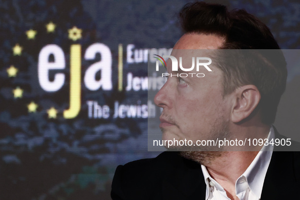 Elon Musk, owner of Tesla and the X (formerly Twitter) platform, attends a symposium on fighting antisemitism titled 'Never Again : Lip Serv...