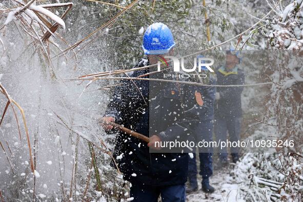 Workers are inspecting power supply lines in the cold mountainous area of Dongling village in Liuzhou, China, on January 23, 2024. 