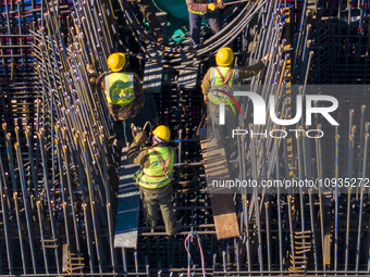 Workers are speeding up the construction of Taoyuan Bridge on the Beijing-Hangzhou Grand Canal in Suqian, East China's Jiangsu province, on...