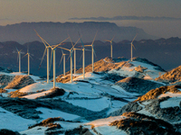 An aerial photo is showing a wind farm operating steadily on a barren mountain in Yichang, China, on January 24, 2024. (