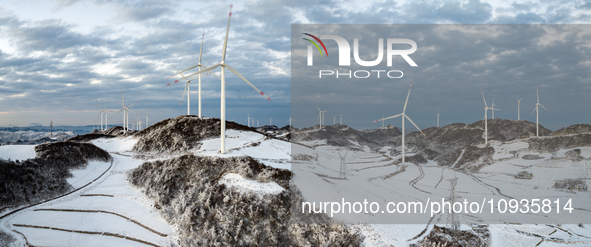 An aerial photo is showing a wind farm operating steadily on a barren mountain in Yichang, China, on January 24, 2024. 