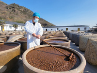 A worker at a soy sauce factory is checking the drying of sauces in a drying field in Lianyungang, China, on January 24, 2024. (