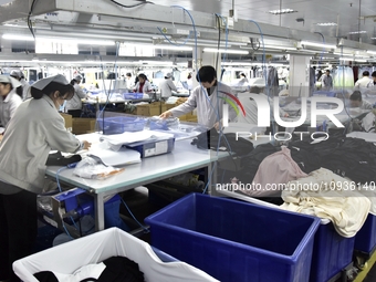 Workers are producing clothing products in Nantong, Jiangsu Province, China, on January 24, 2024. (