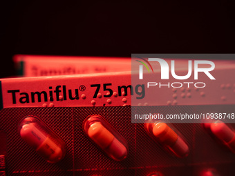 A box and a tablet of Roche Pharmaceuticals' Tamiflu pills for influenza are shown. (