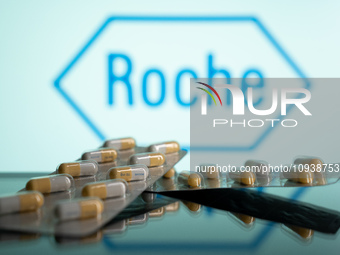 Two tablets of Tamiflu are being displayed with the Roche Pharmaceuticals logo visible in the background. (