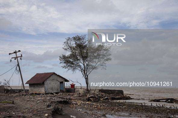 A general view of Cemarajaya Village in Karawang Regency, West Java Province, on January 26, 2024, is showing the effects of increased abras...