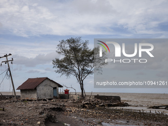 A general view of Cemarajaya Village in Karawang Regency, West Java Province, on January 26, 2024, is showing the effects of increased abras...