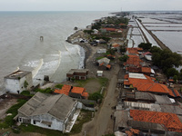 An aerial view shows Cemarajaya Village in Karawang Regency, West Java Province, on January 26, 2024. Village residents are reporting that t...