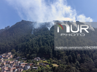 An aerial view is showing thick columns of smoke from the forest fires in the eastern hills of Bogota, Colombia. (