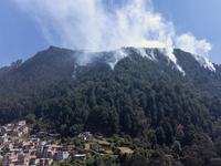 An aerial view is showing thick columns of smoke from the forest fires in the eastern hills of Bogota, Colombia. (