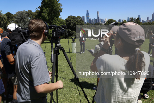 Jannik Sinner of Italy is speaking with the Norman Brookes Challenge Cup after winning the 2024 Australian Open Final at the Royal Botanic G...