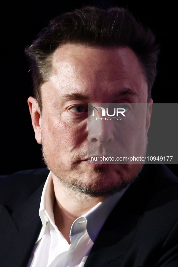 Elon Musk, owner of Tesla and the X (formerly Twitter) platform, attends a symposium on fighting antisemitism titled 'Never Again : Lip Serv...