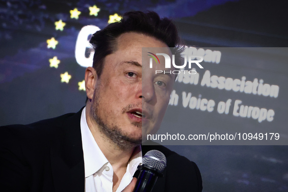 Elon Musk, owner of Tesla and the X (formerly Twitter) platform, attends a symposium on fighting antisemitism titled 'Never Again : Lip Serv...