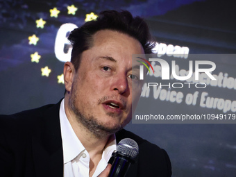 Elon Musk, owner of Tesla and the X (formerly Twitter) platform, attends a symposium on fighting antisemitism titled 'Never Again : Lip Serv...