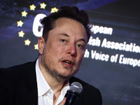 Elon Musk, owner of Tesla and the X (formerly Twitter) platform, attends a symposium on fighting antisemitism titled 'Never Again : Lip Serv...