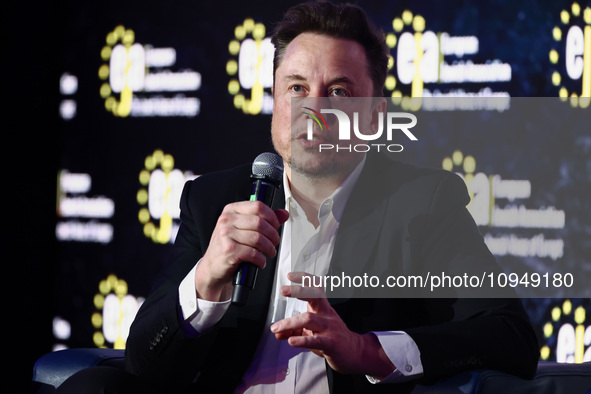 Elon Musk, owner of Tesla and the X (formerly Twitter) platform, attends a symposium on fighting antisemitism titled 'Never Again : Lip Serv...