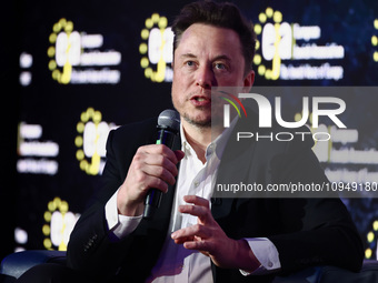 Elon Musk, owner of Tesla and the X (formerly Twitter) platform, attends a symposium on fighting antisemitism titled 'Never Again : Lip Serv...