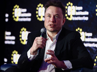 Elon Musk, owner of Tesla and the X (formerly Twitter) platform, attends a symposium on fighting antisemitism titled 'Never Again : Lip Serv...