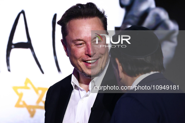 Elon Musk, owner of Tesla and the X (formerly Twitter) platform, attends a symposium on fighting antisemitism titled 'Never Again : Lip Serv...