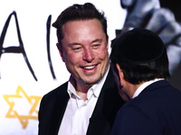 Elon Musk, owner of Tesla and the X (formerly Twitter) platform, attends a symposium on fighting antisemitism titled 'Never Again : Lip Serv...