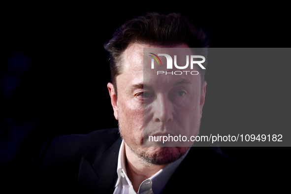 Elon Musk, owner of Tesla and the X (formerly Twitter) platform, attends a symposium on fighting antisemitism titled 'Never Again : Lip Serv...