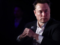 Elon Musk, owner of Tesla and the X (formerly Twitter) platform, attends a symposium on fighting antisemitism titled 'Never Again : Lip Serv...