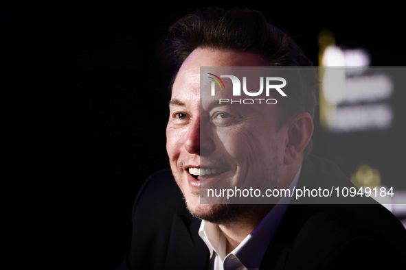 Elon Musk, owner of Tesla and the X (formerly Twitter) platform, attends a symposium on fighting antisemitism titled 'Never Again : Lip Serv...